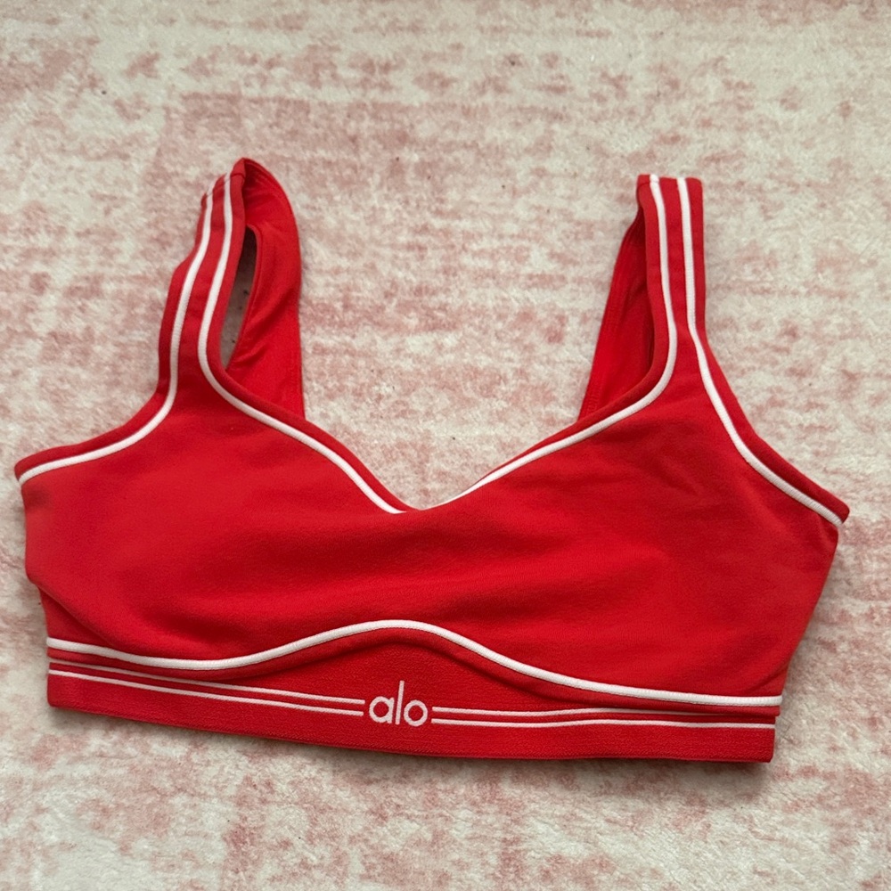 ALO Yoga Red Sports Bra with White Piping